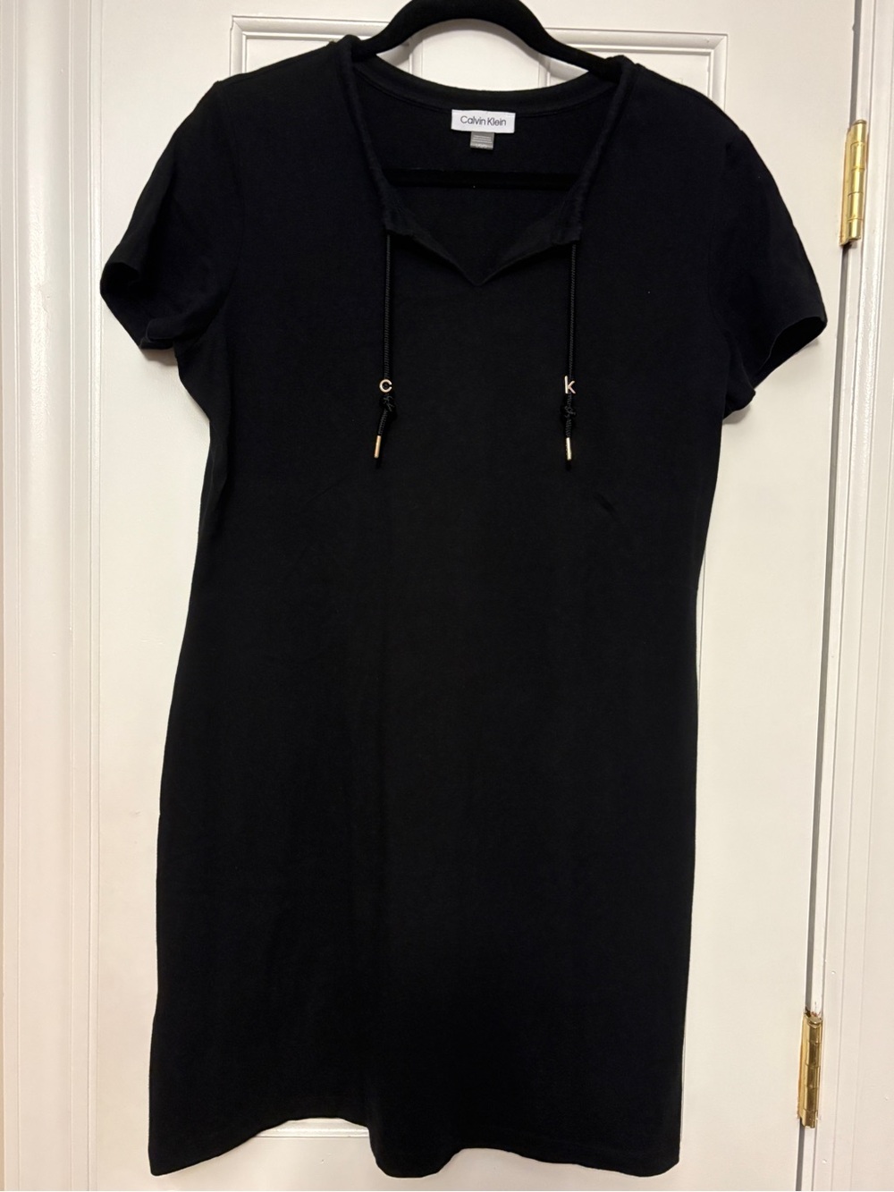 Calvin Klein Black T-Shirt Dress Women’s Large Split Neck Drawstring